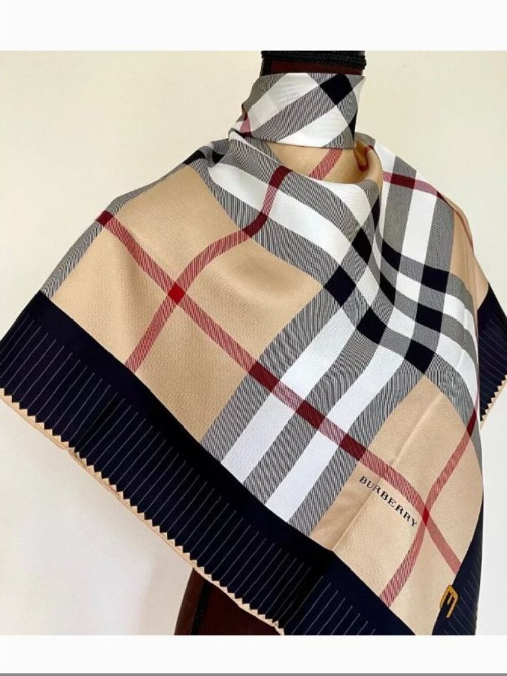 NWT Burberry Scarf Iconic Beige Check Black Border Logo Silk Wrap